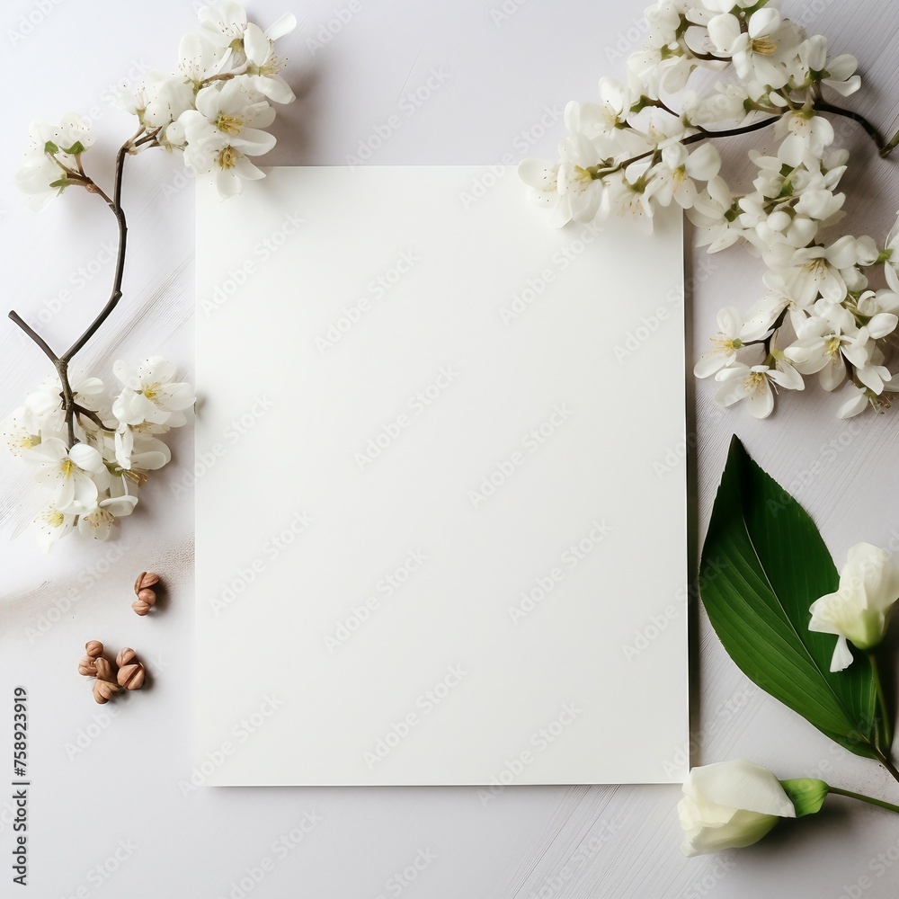 Invitation card,  white flowers on wooden background