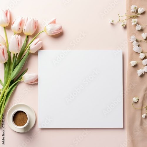 Invitation card, bouquet of tulips and a card