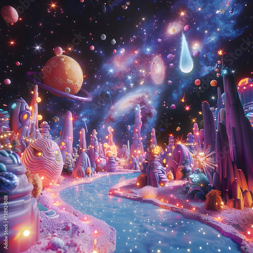 Fantastical Cosmic Landscape with Vibrant Planets