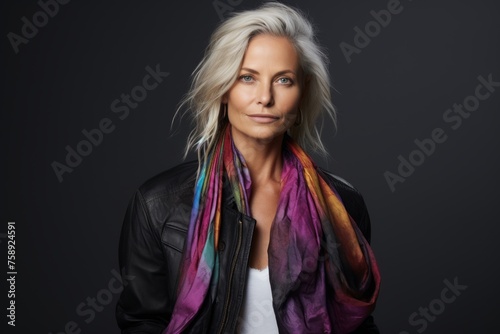 Portrait of a beautiful woman in a leather jacket and colorful scarf.