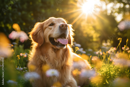 Golden Retriever Enjoying a Sunny Day Surrounded by Vibrant Colors of Nature