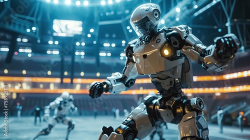 Futuristic Robot Warriors Engaging in a Battle in a Dynamic Lighting Arena