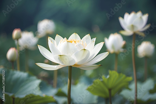 Blooming white lotus flower isolated on a pond