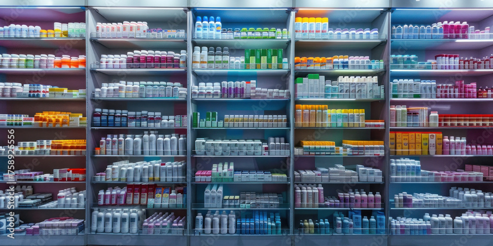 Shelves displaying a wide assortment of medications and health products in a wellstocked pharmacy store