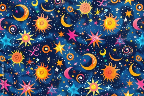 Abstract space stars seamless pattern banner, wallpaper for kids, bright pastel colors over dark blue background. Wrapping paper for presents. Baby linen, clothes and products for children