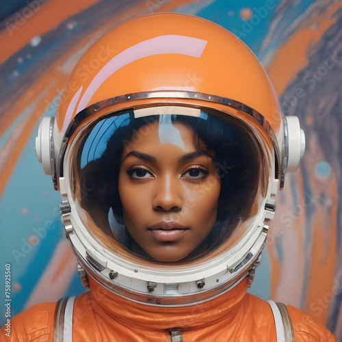 Abstract 1998, Fashion photography, 24mm, long shot, 60'S black woman astronaut in orange spacesuit with large plexiglass helmet , 80 degree view.