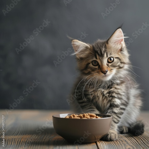 Close up cute cat eating from a bowl against blurred gray background, looking at camera with copyspace for text 