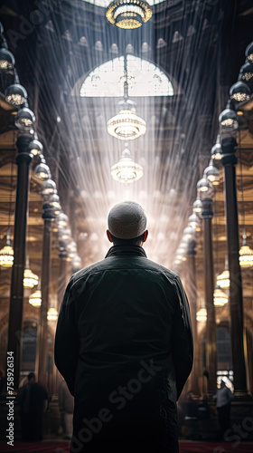 Back view of worship man in mosque