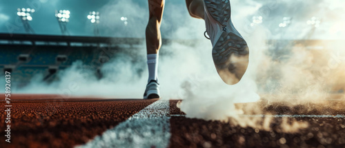 Close up of female leggs, running on the stadium road or trail with steam. Sporty girl in motion. Outdoor sport, fitness banner. Jogging.   Generative ai photo