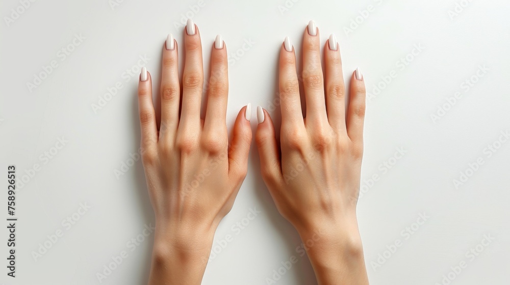 Two hands with nails painted in a light pink color