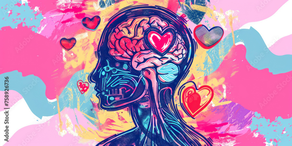 Mental health concept of human open head and heart inside. Cartoon colourful sketch.
