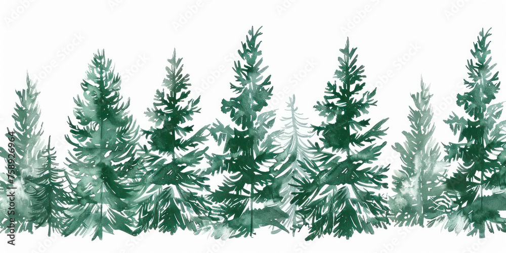 Monochrome green Illustration with high pines in fir trees forest on white background.