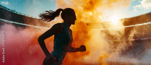 Female, woman running on the stadium road or trail with steam. Professional marathon runner. Sporty girl in motion. Outdoor sport, fitness banner. Jogging. Generative ai