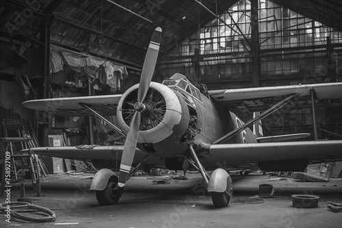 old vintage propeller airplane in the airport hangar .black and white photography