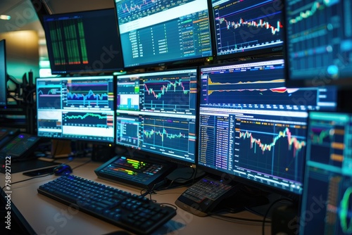 A high-speed algorithmic trading setup with complex mathematical models on screens photo