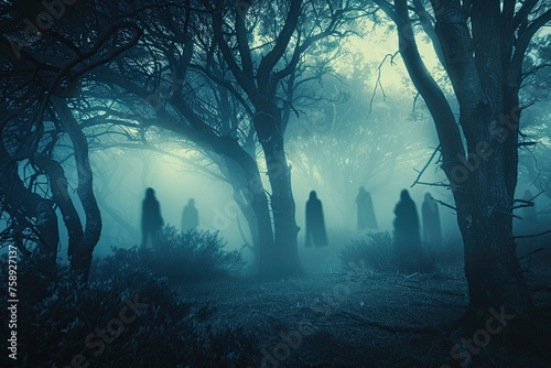 A haunted forest at night with ghostly silhouettes and eerie fog photo