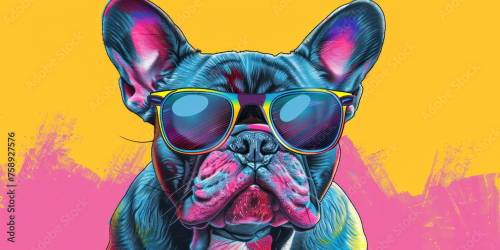 Portrait of french bulldog wearing sunglasses, Cartoon colourful sketch. - obrazy, fototapety, plakaty 