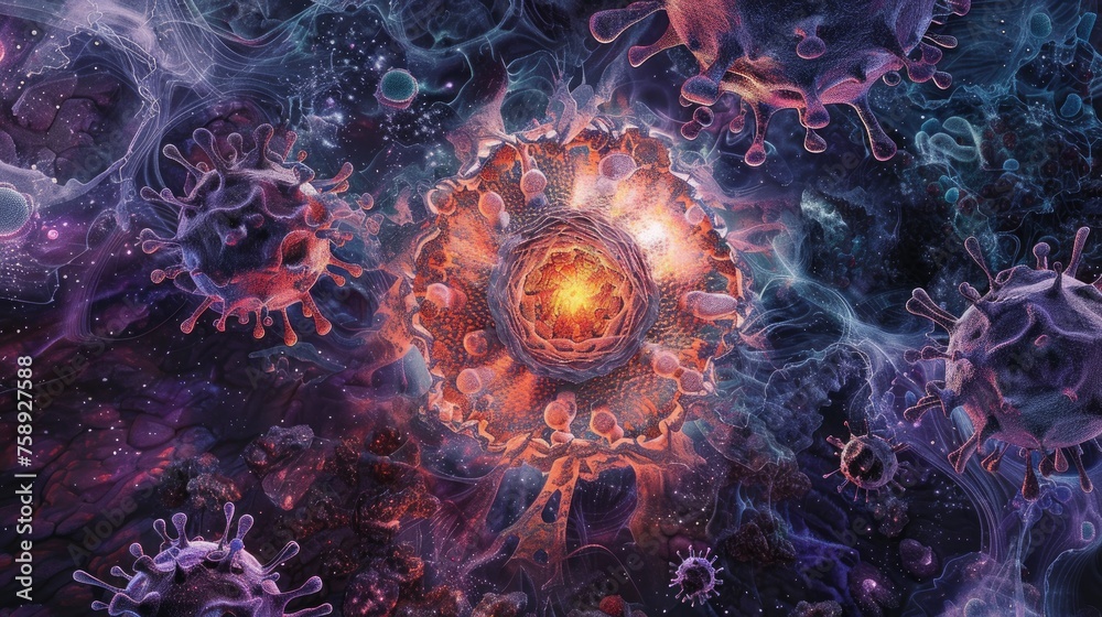 A surreal representation of the life cycle of a virus illustrated as a circular journey of rebirth and destruction A surreal representation of the life cycle of a virus illustrated as a circular journey of rebirth and destruction