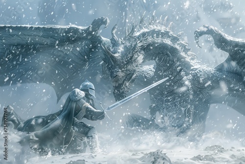 A knight fighting a silver dragon in a snowfall scene