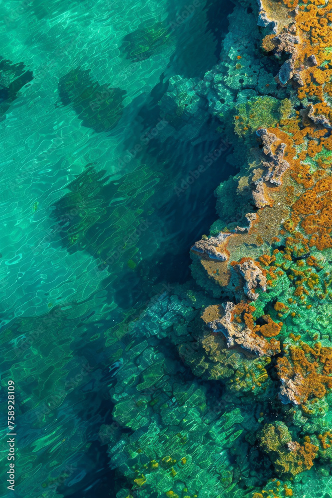 An aerial photograph of an underwater coral reef.