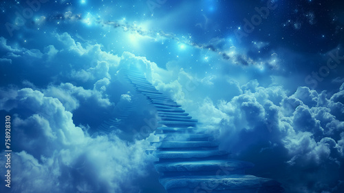 A dreamy background with an ethereal staircase leading to the stars, surrounded by clouds and glowing celestial bodies. The stairs lead up into the sky where blue hues dominate, creating a sense of wo photo