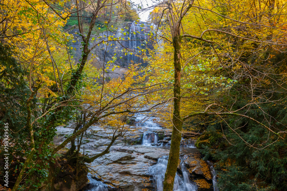 The idea of being in nature and the waterfall flowing through the trees decorated with autumn colors the rocks calmness peace and happiness