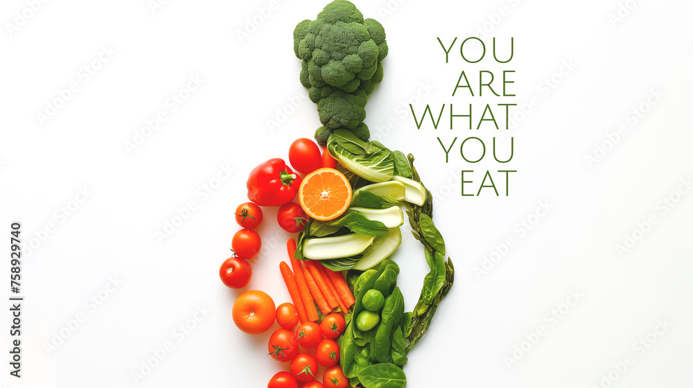 custom made wallpaper toronto digitalYou Are What You Eat Concept with Vegetables and Fruits Forming Human Body on White Background