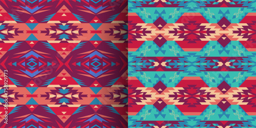 Sey of Native American Southwest, Aztec, Navajo seamless patterns. Tribal geometric prints. Ethnic design wallpaper, fabric, cover, textile, rug, blanket. Boho style.