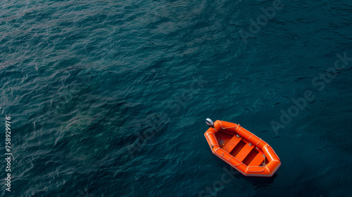 An aerial perspective of an unmanned inflatable orange lifeboat dinghy floating in the midst of the ocean photo