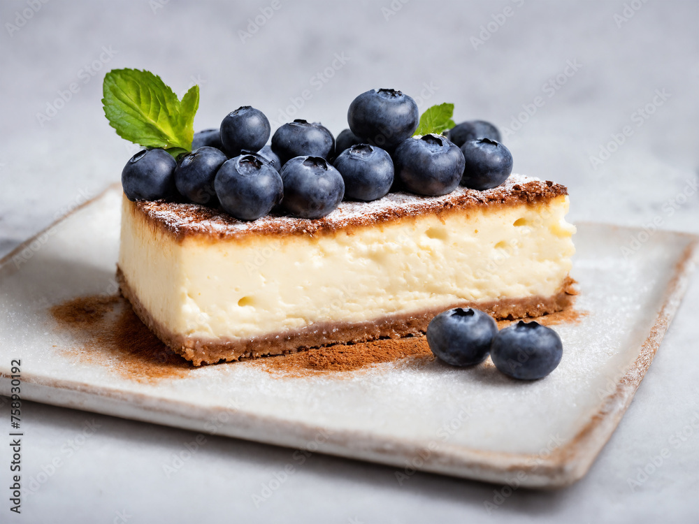 Cheesecake with blueberries on a white plate Cheesecake with blueberries on a white plate