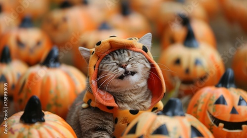 Cute kitty in a Halloween orange costume among ripe pumpkins, party concept for Halloween