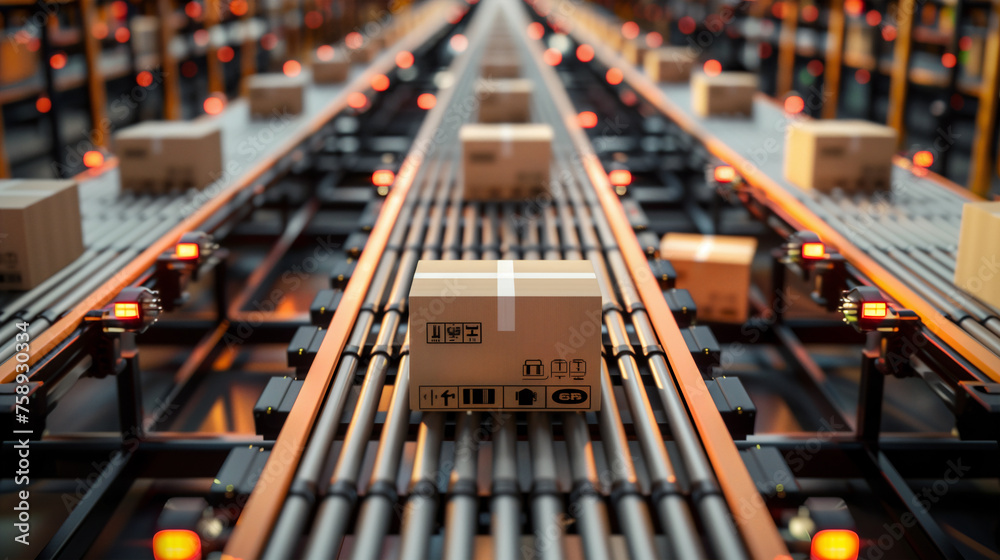A close-up view of a cardboard box on a conveyor belt in a modern, automated warehouse, capturing the efficiency and technology of today's logistics centers A close-up view of a cardboard box on a conveyor belt in a modern, automated warehouse, capturing the efficiency and technology of today's logistics centers