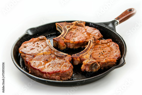 Sartén con un mango de madera, tres filetes cocinándose en ella