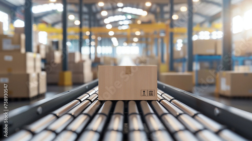 A single cardboard box with iconographic symbols sits on a roller conveyor, against a blurred warehouse backdrop, illustrating the focused logistics of goods transportation photo