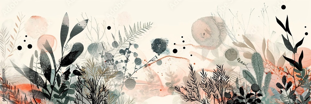 abstract botanical design, incorporating natural shapes and forms, nature colour palette, harmonious balance, delicate textures, banner - obrazy, fototapety, plakaty 