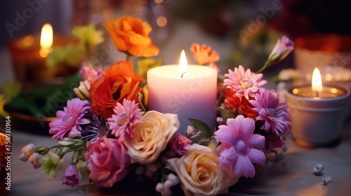 A candle surrounded by flowers on a table. Ideal for home decor concept