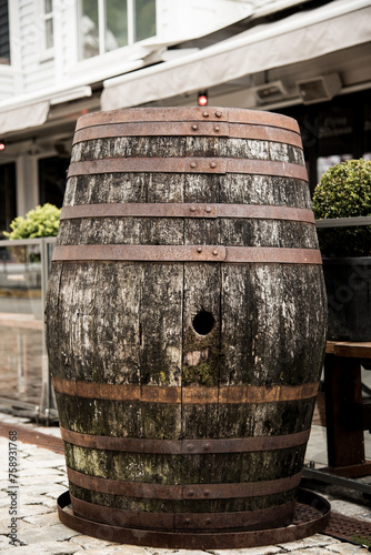 old wooden barrel in the street