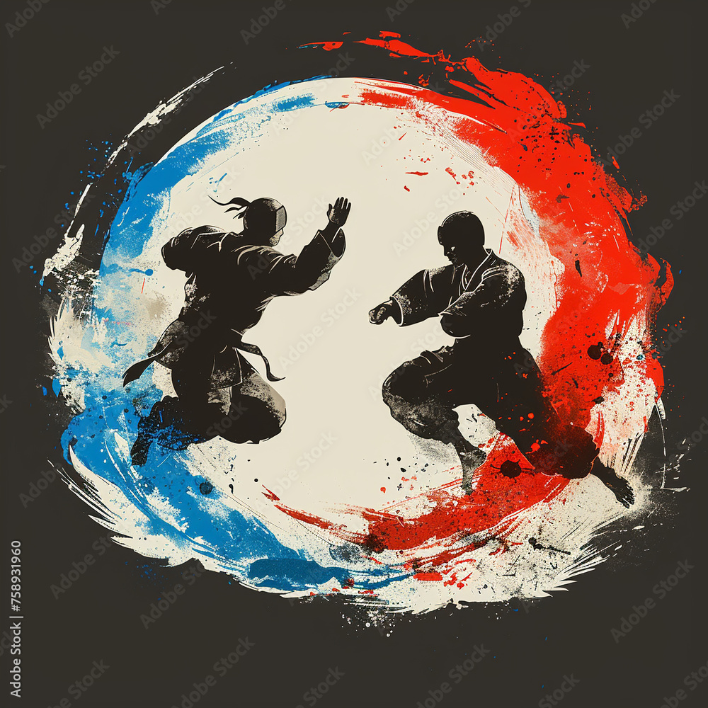 Dynamic martial arts illustration in red and blue. Two taekwondo guys jumping into flying poses.
