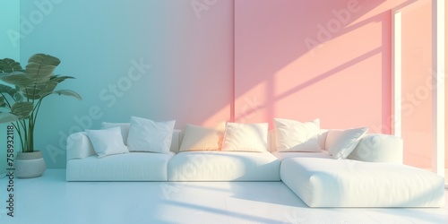 	
Modern laconic minimalist living room interior in neutral colors with a white sofa, pillows and empty walls with copyspace	
