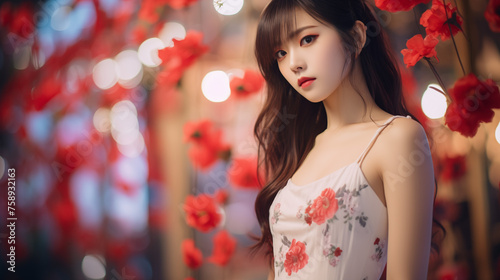 young Asian woman in a light floral dress in front of a background with floral wallpaper with poppies
