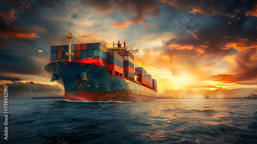 A majestic cargo ship laden with colorful containers cuts through the ocean at sunset, with the vibrant sky casting a dramatic backdrop. This image captures the essence of global trade