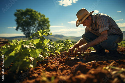 Farmer checking the soil on his farm