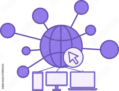 Colored Web Icon. Vector Icon of Planet, Network, Computer Mouse Cursor, and Connected Gadgets. Programming and Coding Concept