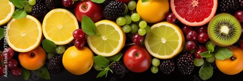 Fresh vitamin mix of fruits and berries background  backdrop  banner  texture top view