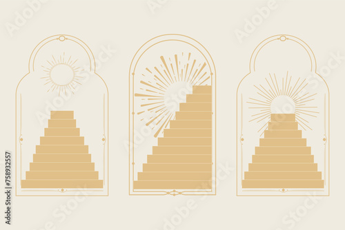 Set arch window line frame celestial, mystic with staircase, astrology symbols moon and sun, line border, minimal tattoo isolated. Esoteric spiritual icon.