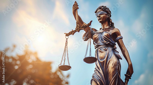 Legal law concept statue of Lady Justice with scales of justice sky background