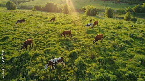 a group of cows are grazing on a green pasture 
