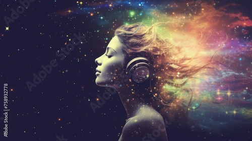 A woman wearing headphones in front of a stunning galaxy backdrop. Perfect for music or space-themed designs