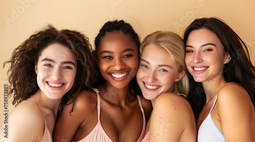 Quartet of young women with beaming smiles shares a tender group hug, exuding warmth and friendship on a sunny background. This heartwarming scene captures the essence of youthful camaraderie and joy