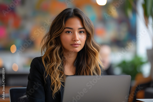Focused Young Woman Working on Laptop in Cafe. A young woman with long wavy hair is deeply focused on her laptop at a vibrant cafe table.